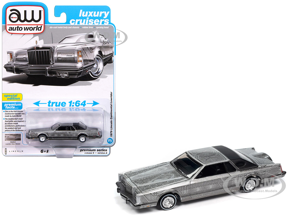 1979 Lincoln Continental Lowrider Silver Metallic with Lowrider Graphics "Luxury Cruisers" Series 1/64 Diecast Model Car by Auto World