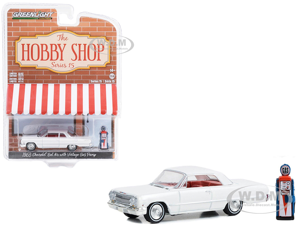 1963 Chevrolet Bel Air White with Orange Interior and Vintage Gas Pump The Hobby Shop Series 15 1/64 Diecast Model Car by Greenlight
