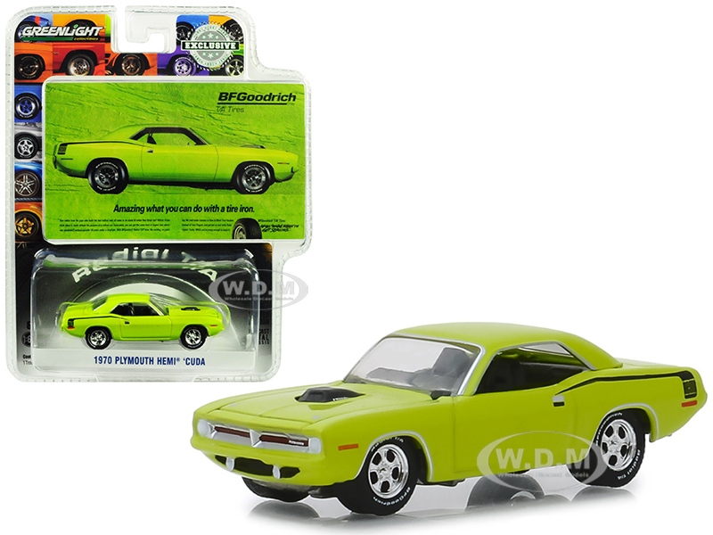 1970 Plymouth HEMI Barracuda Lime Green "Amazing What You Can Do With A Tire Iron" BFGoodrich Vintage Ad Cars Hobby Exclusive 1/64 Diecast Model Car