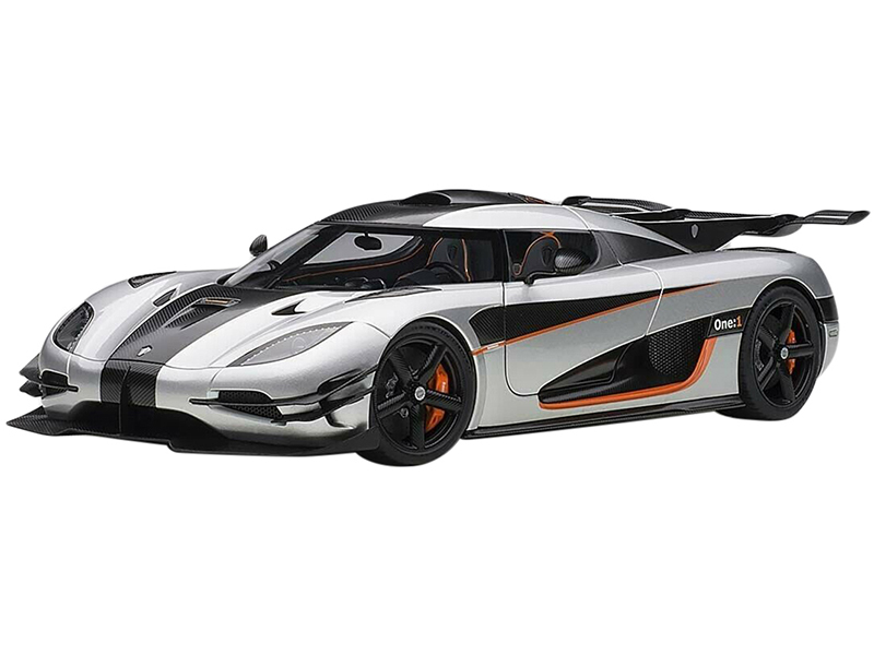 Image of Koenigsegg One1 Moon Grey and Carbon Black with Orange Accents 1/18 Model Car by Autoart