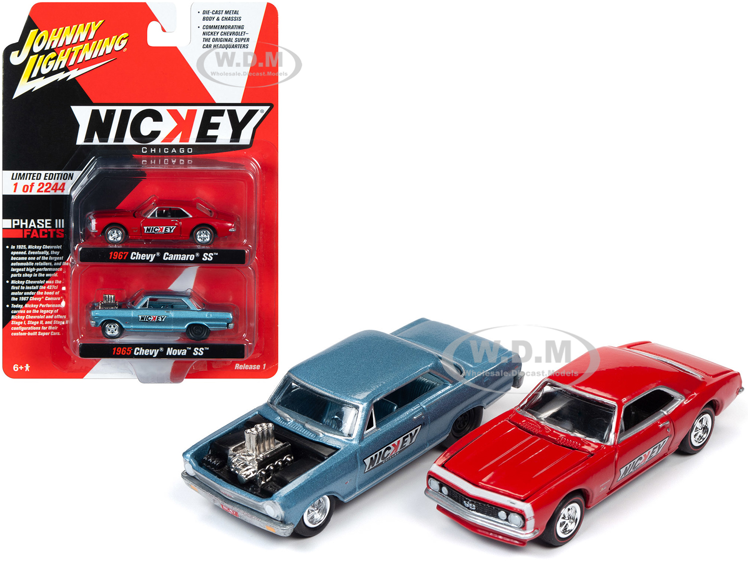 Image of 1965 Chevrolet Nova SS Blue Metallic and 1967 Chevrolet Camaso SS Red 2 piece Set "Nickey" Limited Edition to 2244 pieces Worldwide 1/64 Diecast Mode