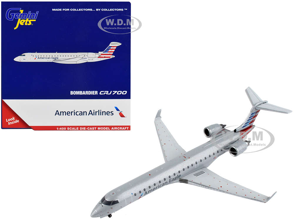Bombardier CRJ700 Commercial Aircraft American Airlines - American Eagle Silver with Striped Tail 1/400 Diecast Model Airplane by GeminiJets