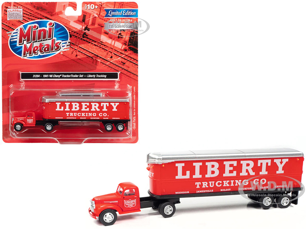 1941-1946 Chevrolet Truck and Trailer Set Liberty Trucking Co. Red 1/87 (HO) Scale Model by Classic Metal Works