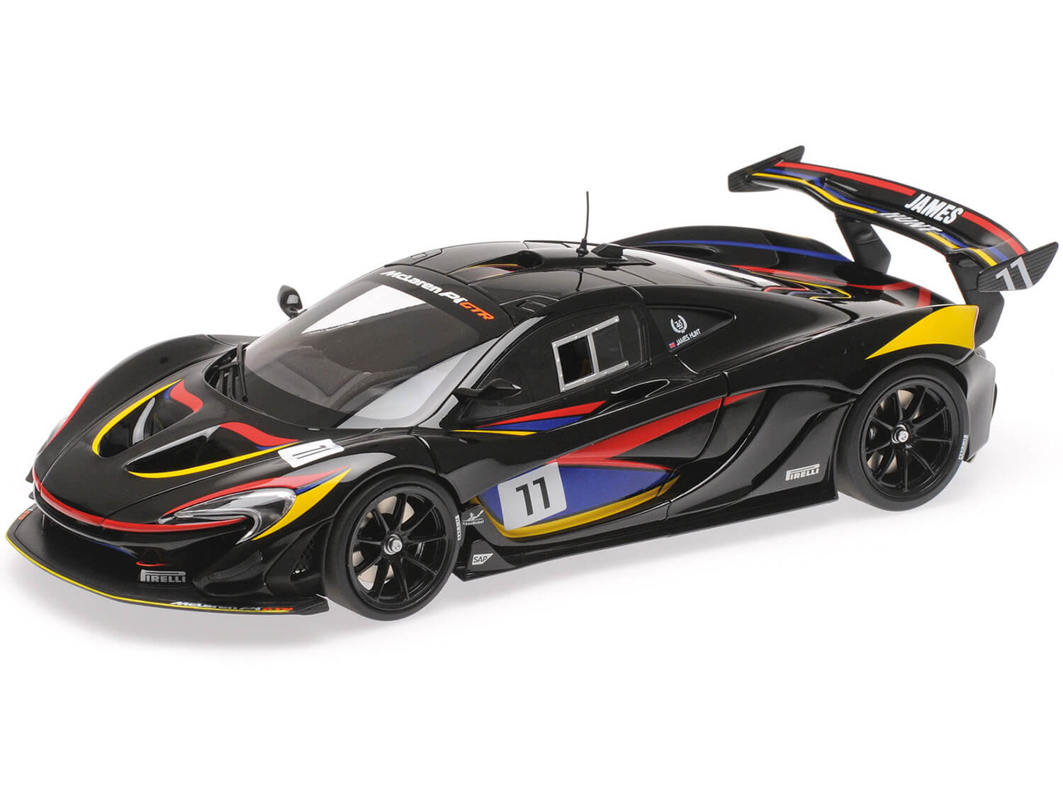Image of McLaren P1 GTR 11 Black with Stripes "James Hunt 40th Anniversary" 1/18 Diecast Model Car by Almost Real