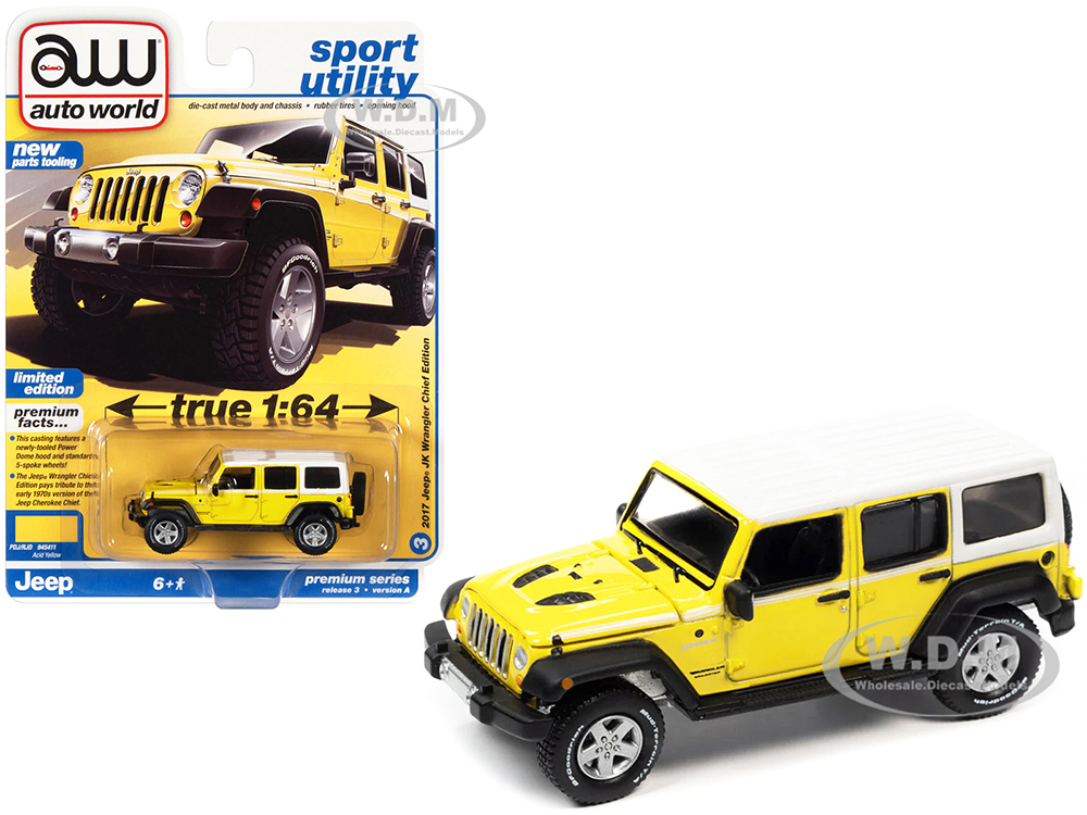 2017 Jeep JK Wrangler Chief Edition Acid Yellow with White Top Sport Utility Series Limited Edition 1/64 Diecast Model Car by Auto World