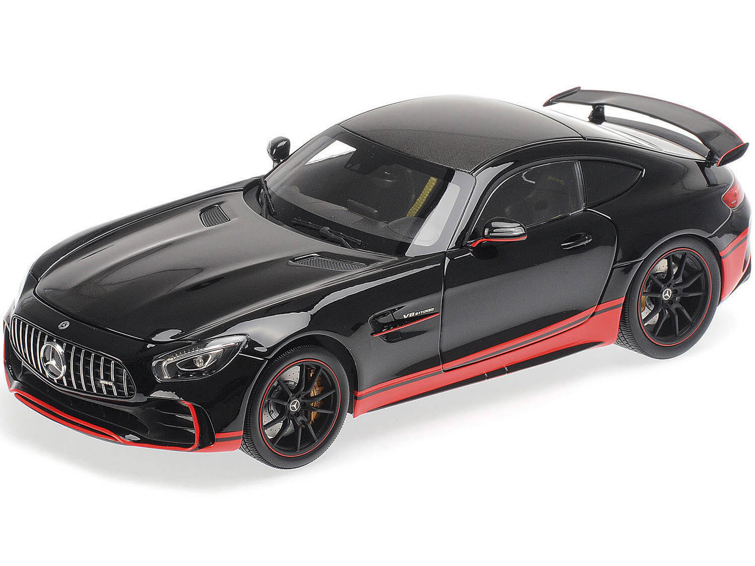 Image of 2017 Mercedes AMG GT R Glossy Black with Red Stripes and Carbon Top 1/18 Diecast Model Car by Almost Real