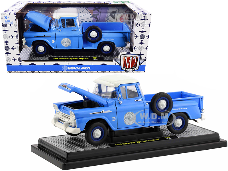 1958 Chevrolet Apache Stepside Pickup Truck "Pan Am" Ground Crew Light Blue with White Top Limited Edition to 6880 pieces Worldwide 1/24 Diecast Mode