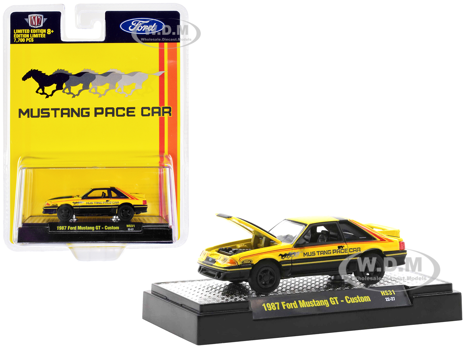 1987 Ford Mustang GT Custom Pearl Yellow and Black with Stripes "Mustang Pace Car" Limited Edition to 7700 pieces Worldwide 1/64 Diecast Model Car by