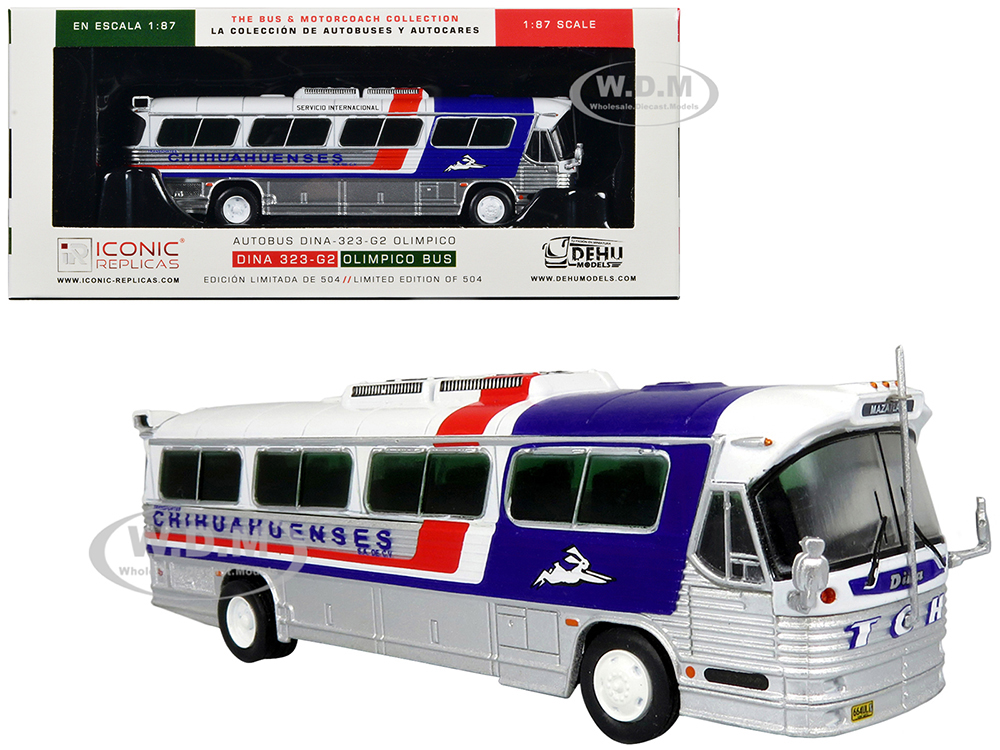 Dina 323-G2 Olimpico Coach Bus Transportes Chihuahuenses White and Silver with Red and Blue Stripes Limited Edition to 504 pieces Worldwide The Bus and Motorcoach Collection 1/87 (HO) Diecast Model by Iconic Replicas