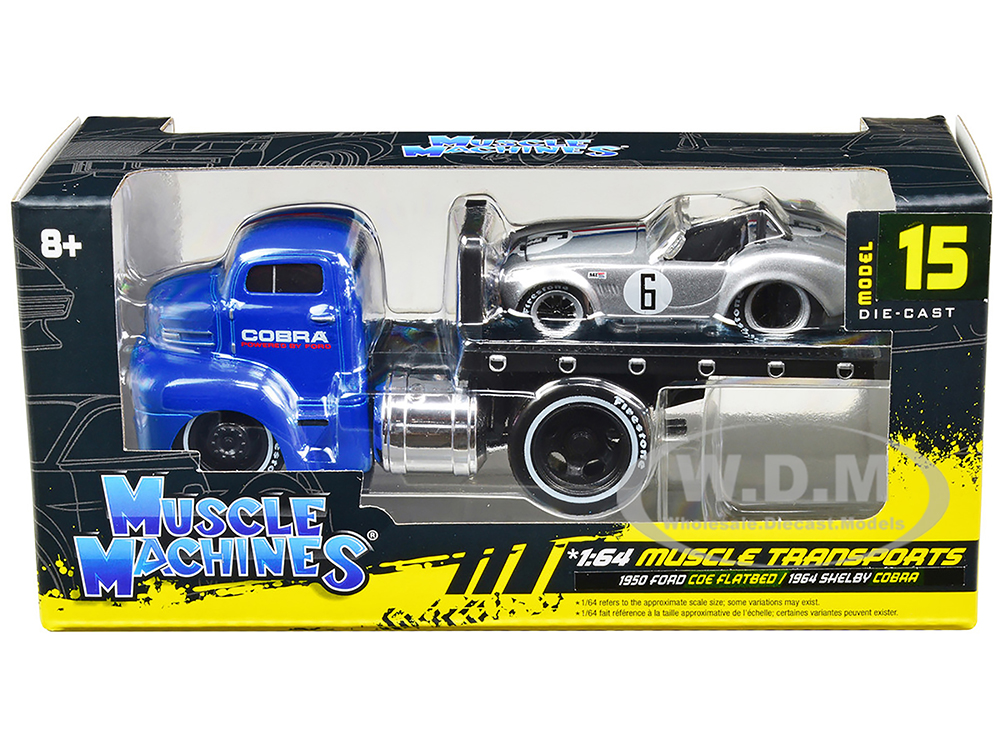 1950 Ford COE Flatbed Truck Blue "Cobra Powered by Ford" and 1964 Shelby Cobra 6 Silver Metallic with Stripes "Muscle Transports" Series 1/64 Diecast