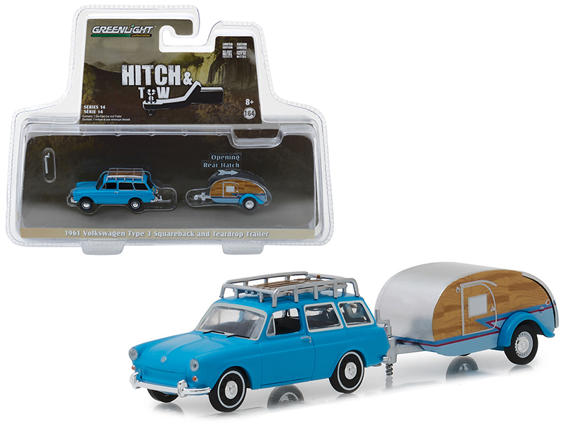 Image of 1961 Volkswagen Type 3 Squareback Blue with Tear Drop Trailer Hitch &amp; Tow Series 14 1/64 Diecast Models by Greenlight