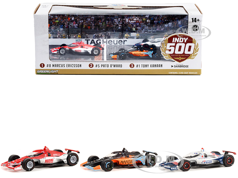 "106th Indianapolis 500" (2022) Podium Set of 3 IndyCars 1/64 Diecast Model Cars by Greenlight