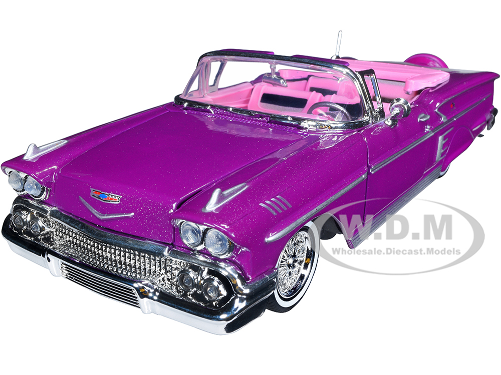 1958 Chevrolet Impala Convertible Lowrider Purple Metallic with Pink Interior "Get Low" Series 1/24 Diecast Model Car by Motormax