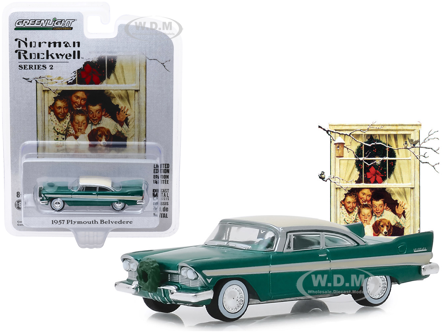 1957 Plymouth Belvedere With Wreath Accessory Green With Cream Top "norman Rockwell" Series 2 1/64 Diecast Model Car By Greenlight