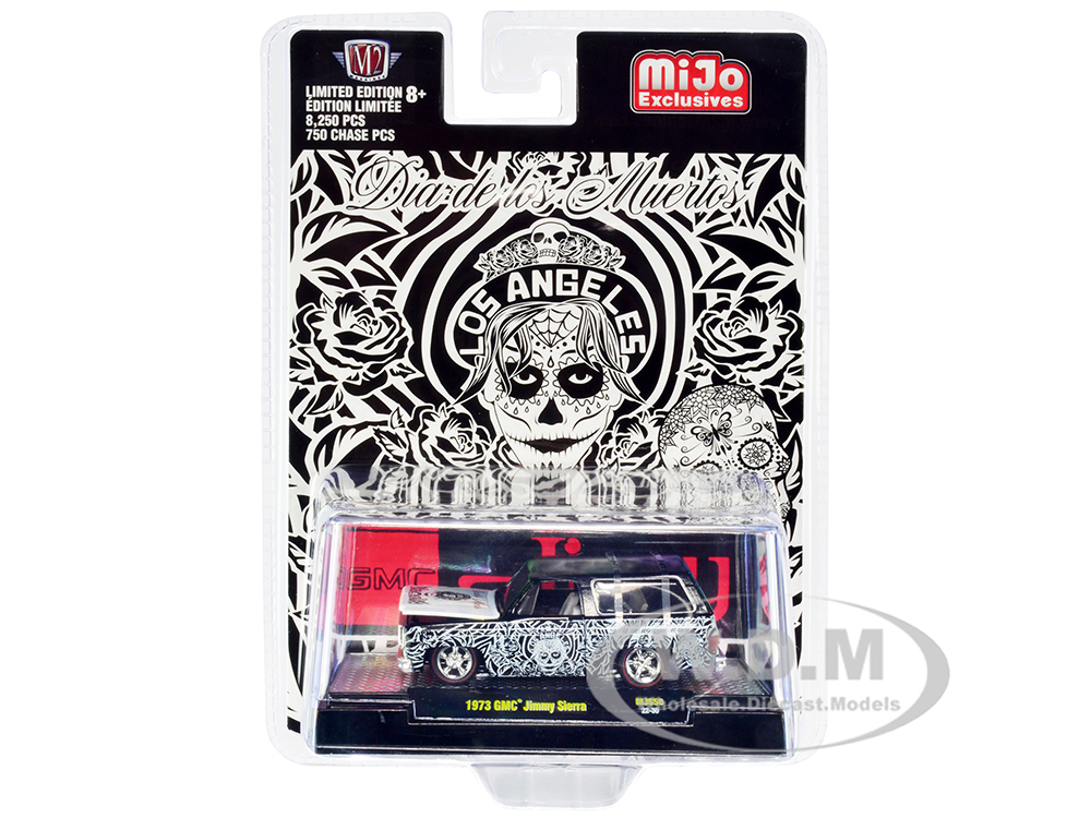 1973 GMC Jimmy Sierra Black with Graphics Dia De Los Muertos - Los Angeles (Day of the Dead) Limited Edition to 8250 pieces Worldwide 1/64 Diecast Model Car by M2 Machines