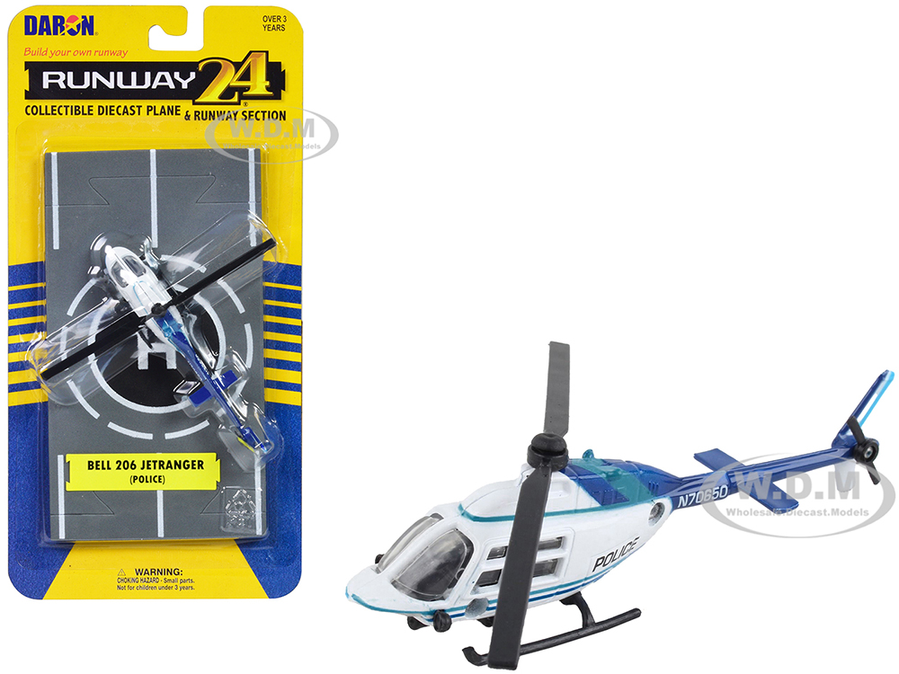 Bell 206 Jetranger Helicopter White and Blue Police-N70650 with Runway Section Diecast Model by Runway24