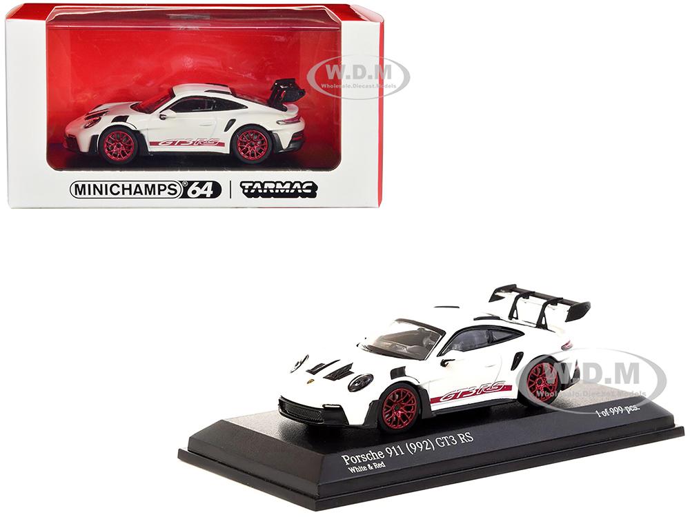 Porsche 911 (992) GT3 RS White with Red Stripes Limited Edition to 999 pieces Worldwide 1/64 Diecast Model Car by Minichamps &amp; Tarmac Works