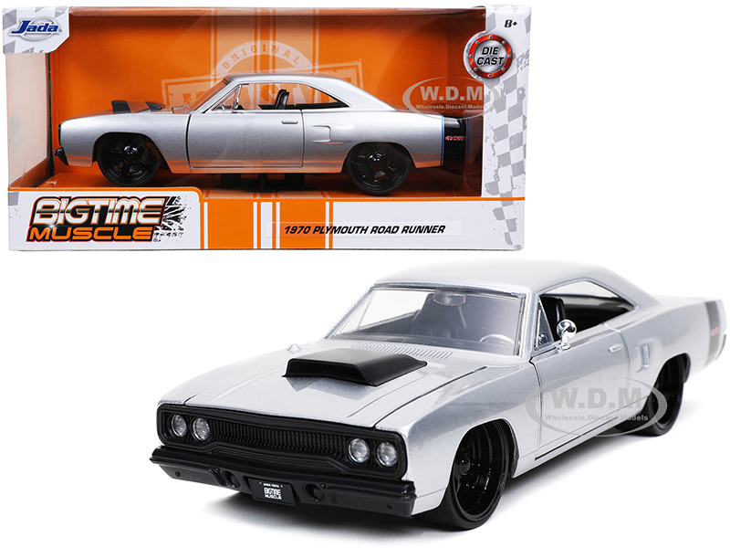 Image of 1970 Plymouth RoadRunner 440 Silver Metallic with Black Stripes "Bigtime Muscle" 1/24 Diecast Model Car by Jada