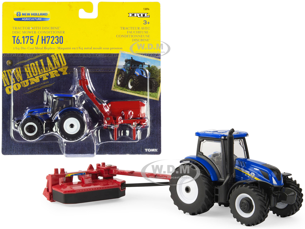 New Holland T6.175 Tractor Blue with New Holland H7230 Discbine Disc Mower-Conditioner Red Set of 2 pieces 1/64 Diecast Models by ERTL TOMY