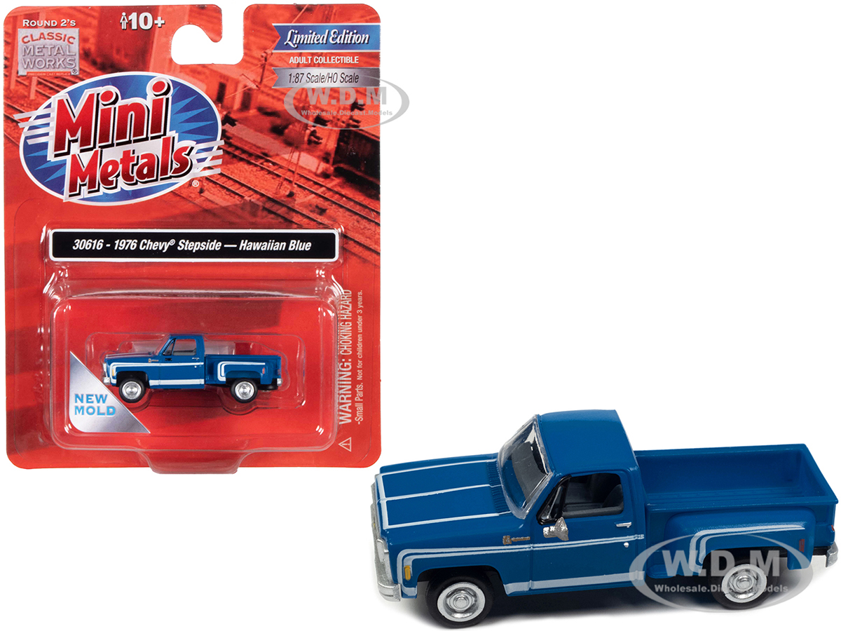 1976 Chevrolet Stepside Pickup Truck Hawaiian Blue with White Stripes 1/87 (HO) Scale Model Car by Classic Metal Works