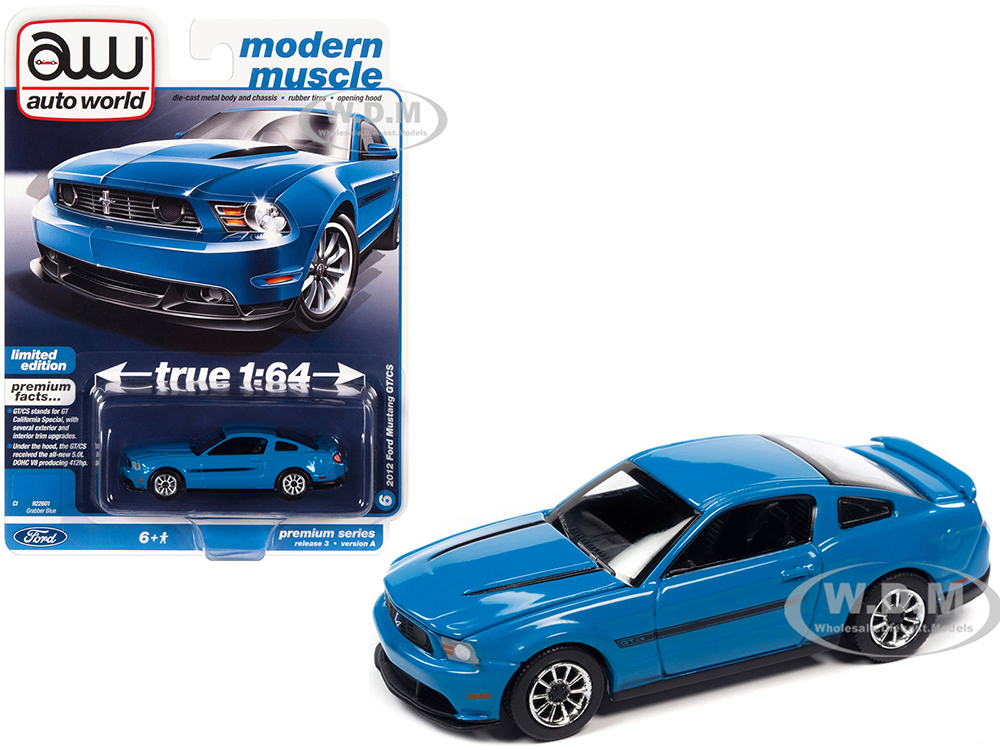 2012 Ford Mustang GT/CS Grabber Blue with Black Stripes "Modern Muscle" Limited Edition 1/64 Diecast Model Car by Auto World