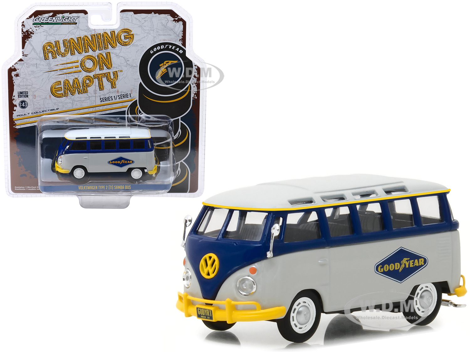 Volkswagen Type 2 (t1) Samba Bus "goodyear Tires" Gray And Blue "running On Empty" Release 1 1/43 Diecast Model Car By Greenlight