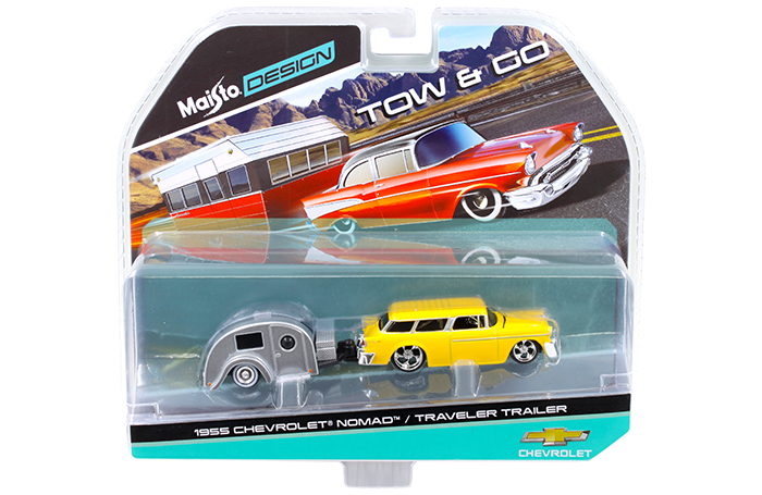 1955 Chevrolet Nomad with Traveler Trailer Yellow Tow &amp; Go 1/64 Diecast Model by Maisto