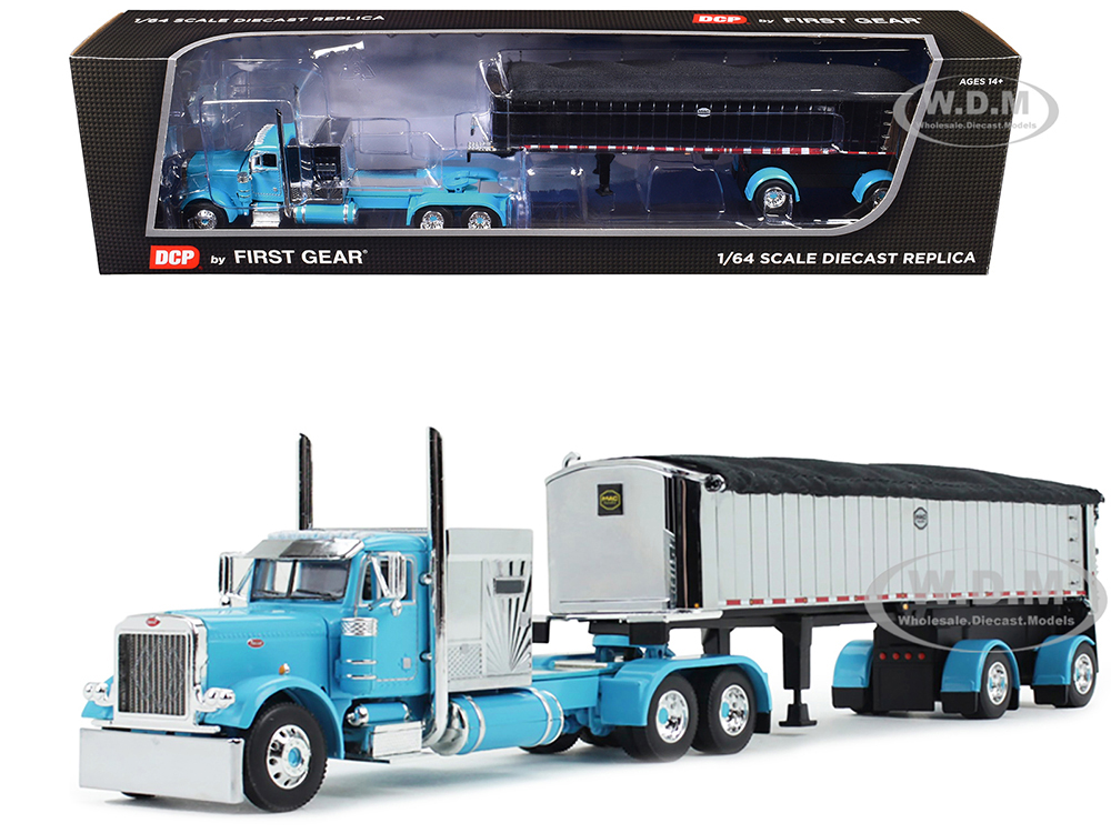 Peterbilt 379 with 60 Vintage Sleeper and MAC Coal End Dump Trailer Cyan Blue and Chrome 1/64 Diecast Model by DCP/First Gear