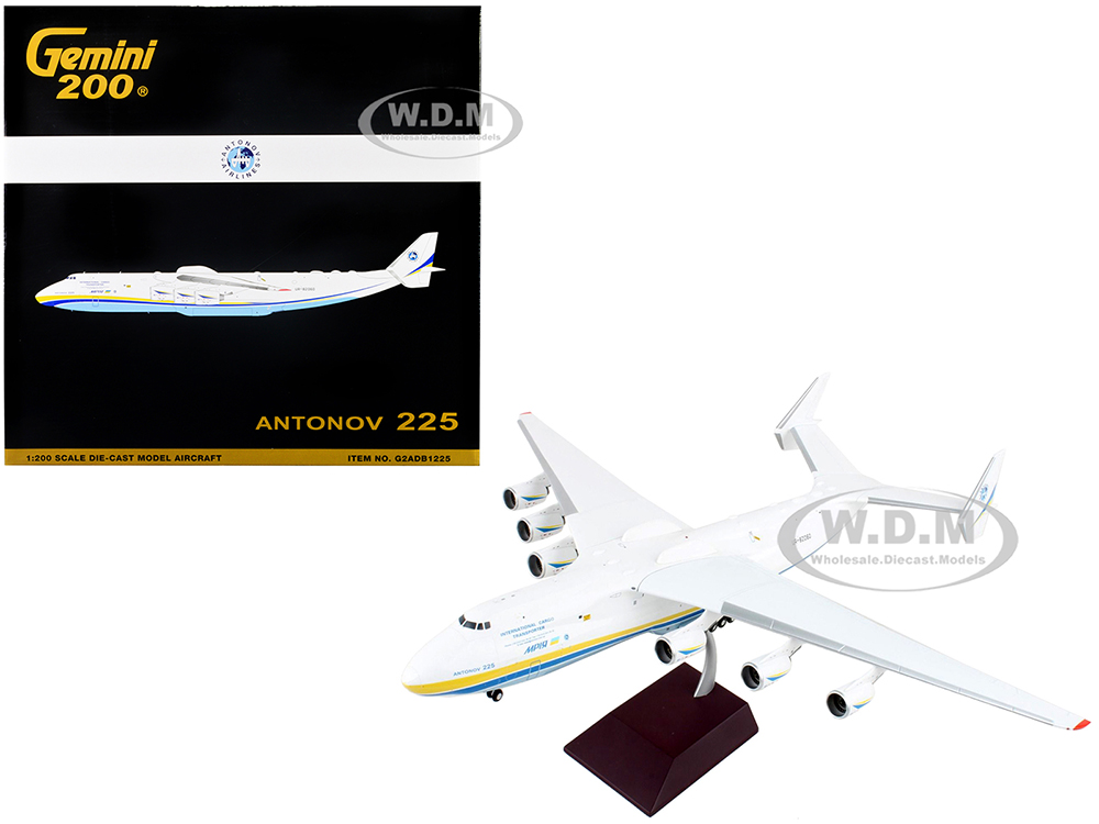Antonov AN225 Mriya Commercial Aircraft Antonov Airlines White with Blue and Yellow Stripes Gemini 200 Series 1/200 Diecast Model Airplane by GeminiJets