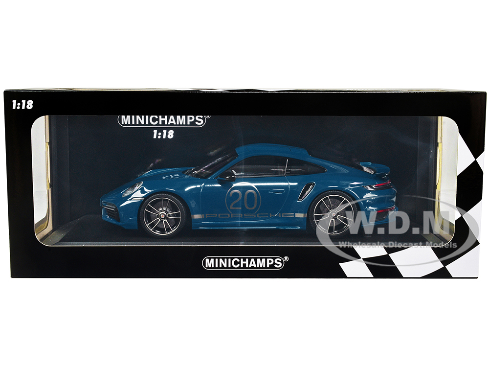 2021 Porsche 911 Turbo S with SportDesign Package #20 Blue Metallic with Silver Stripes Limited Edition to 504 pieces Worldwide 1/18 Diecast Model Car by Minichamps