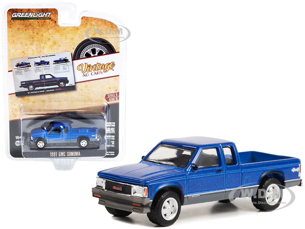1991 GMC Sonoma Pickup Truck Blue Metallic and Gray Its Not Just A Truck Anymore Vintage Ad Cars Series 8 1/64 Diecast Model Car by Greenlight