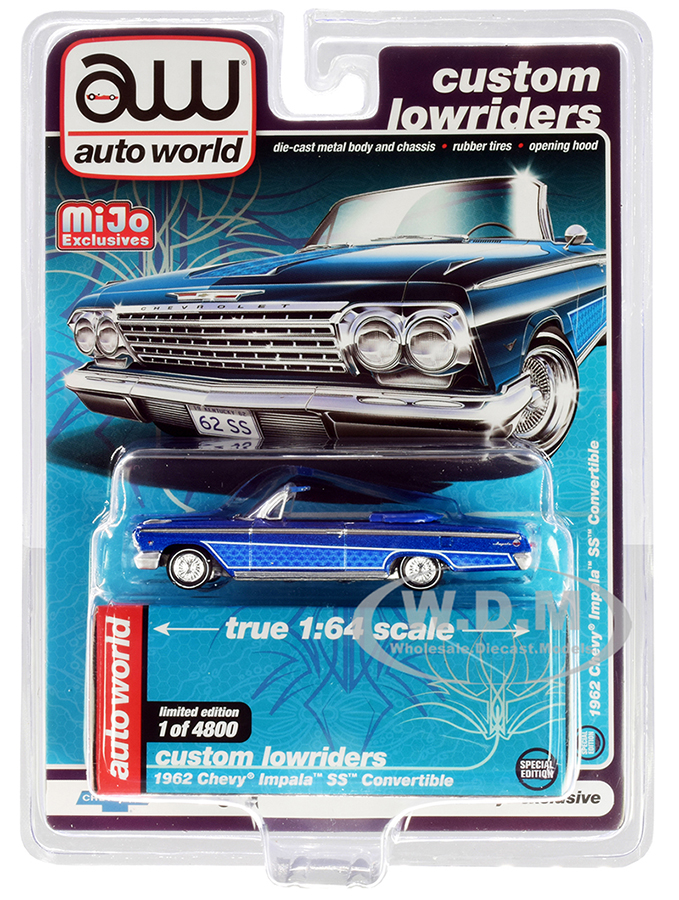 Image of 1962 Chevrolet Impala SS Convertible Blue Metallic "Custom Lowriders" Limited Edition to 4800 pieces Worldwide 1/64 Diecast Model Car by Autoworld