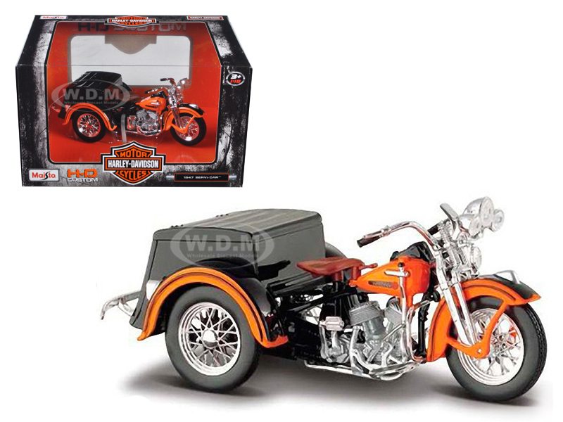 Image of 1947 Harley Davidson Servi-Car Black with Orange HD Custom Motorcycle Model 1/18 Diecast Model by Maisto