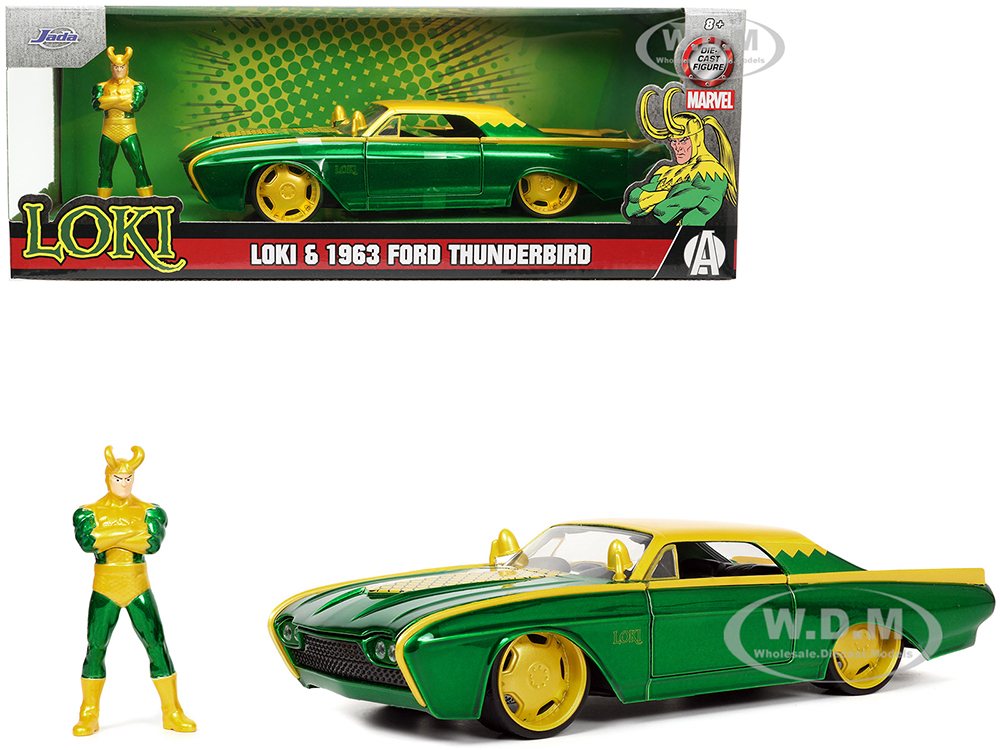 1963 Ford Thunderbird Green and Yellow Metallic with Hood Graphics and Loki Diecast Figure Loki Marvel Series 1/24 Diecast Model Car by Jada