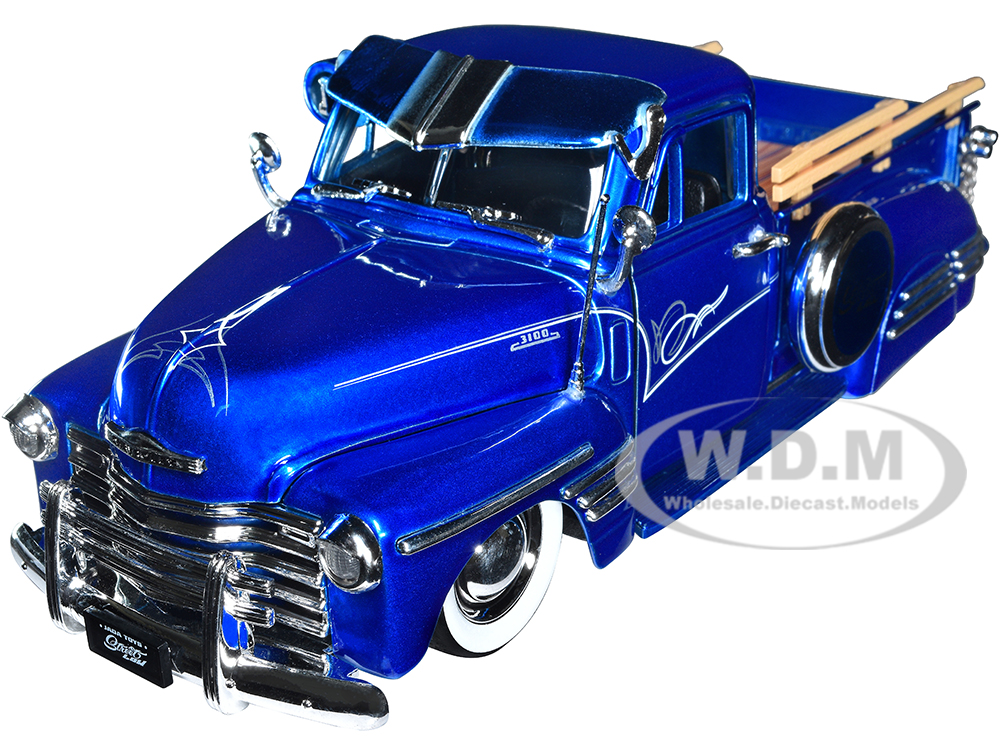 1951 Chevrolet 3100 Pickup Truck Lowrider Candy Blue with Graphics "Street Low" Series 1/24 Diecast Model Car by Jada