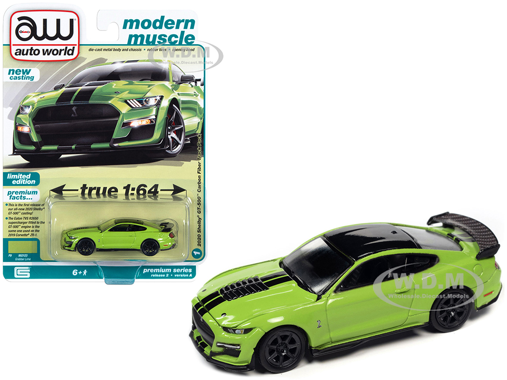 2020 Shelby GT500 Carbon Fiber Track Pack Grabber Lime Green with Black Stripes and Black Top "Modern Muscle" Limited Edition 1/64 Diecast Model Car