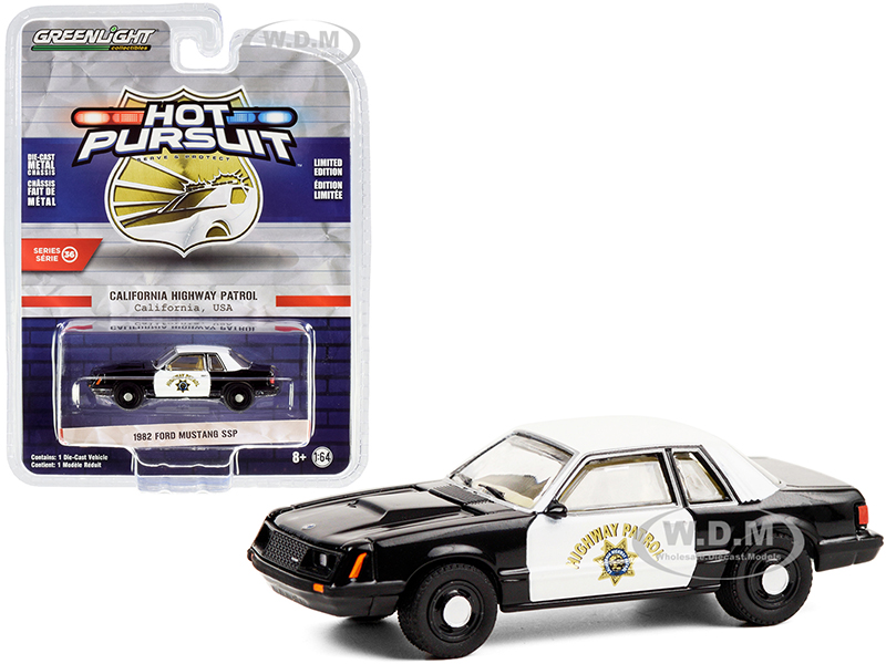 1982 Ford Mustang SSP Black and White CHP "California Highway Patrol" "Hot Pursuit" Series 36 1/64 Diecast Model Car by Greenlight