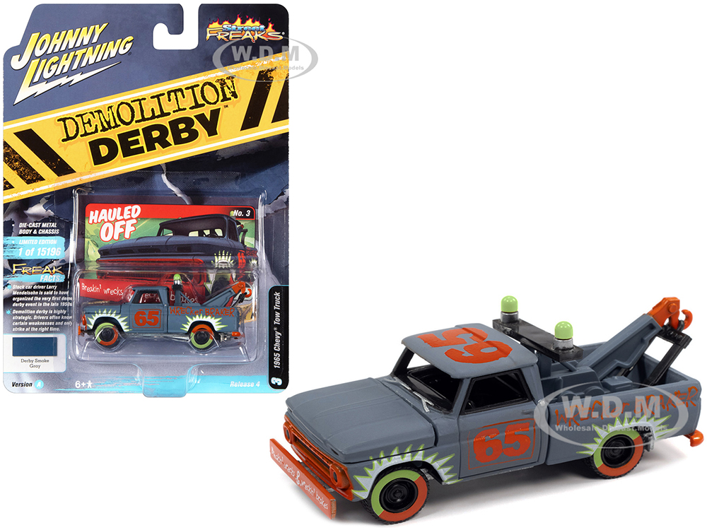 1965 Chevrolet Tow Truck #65 Derby Smoke Gray with Graphics Demolition Derby Street Freaks Series Limited Edition to 15196 pieces Worldwide 1/64 Diecast Model Car by Johnny Lightning