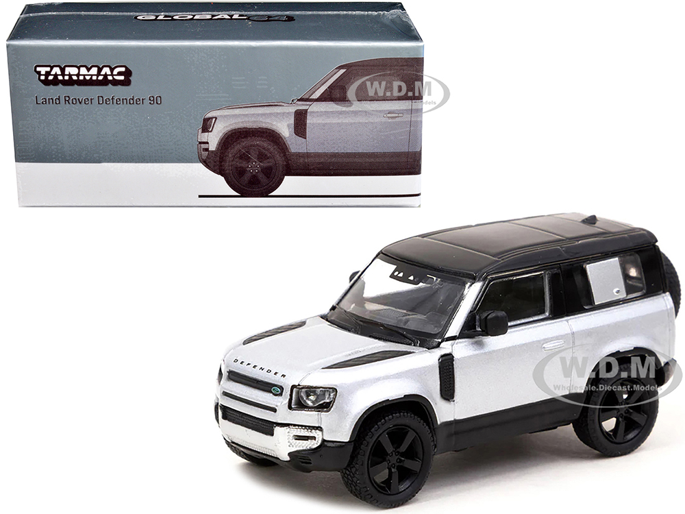 Land Rover Defender 90 Silver Metallic with Black Top "Global64" Series 1/64 Diecast Model Car by Tarmac Works