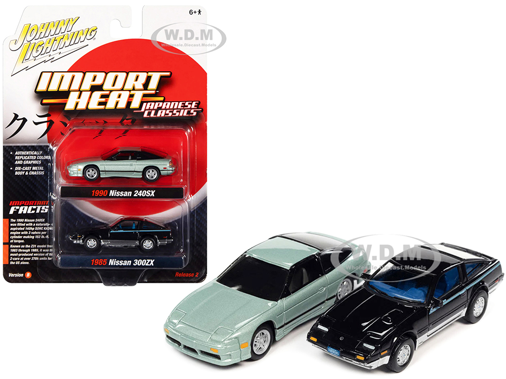 1985 Nissan 300ZX Black with Silver Trim and Blue Stripes and 1990 Nissan 240SX Silver Green Pearl with Black Stripes "Import Heat" Series Set of 2 C