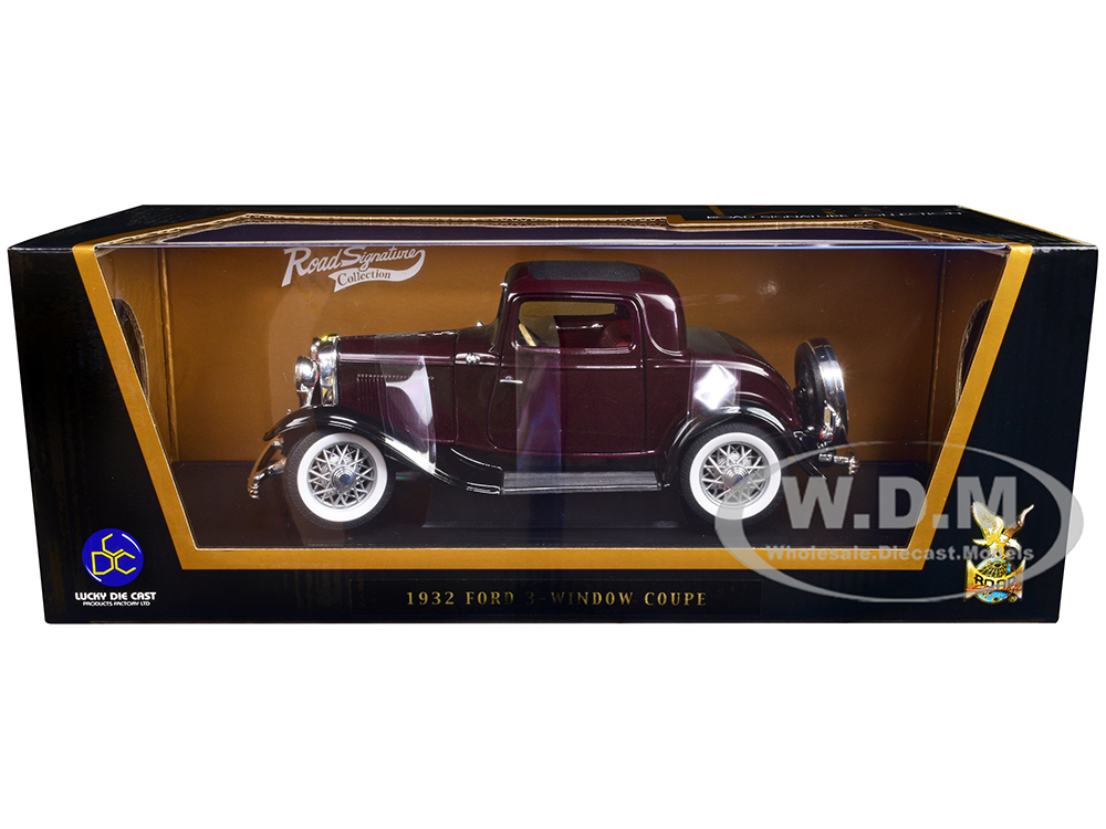 1932 Ford 3-Window Coupe Burgundy with Black Top 1/18 Diecast Model Car by Road Signature