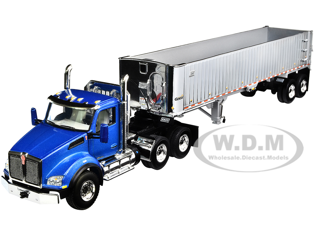 Kenworth T880 Day Cab with East Genesis End Dump Trailer Surf Blue Metallic and Chrome 1/50 Diecast Model by First Gear