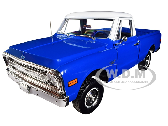 1970 Chevrolet C-10 Pickup Truck with Lift Kit Dark Blue with White Top 1/18 Diecast Model Car by Highway 61