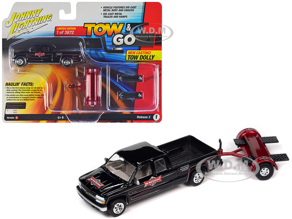 2002 Chevrolet Silverado Pickup Truck Black with Graphics Hot Rod Customs and Tow Dolly Red Tow & Go Series Limited Edition to 3672 pieces Worldwide 1/64 Diecast Model Car by Johnny Lightning