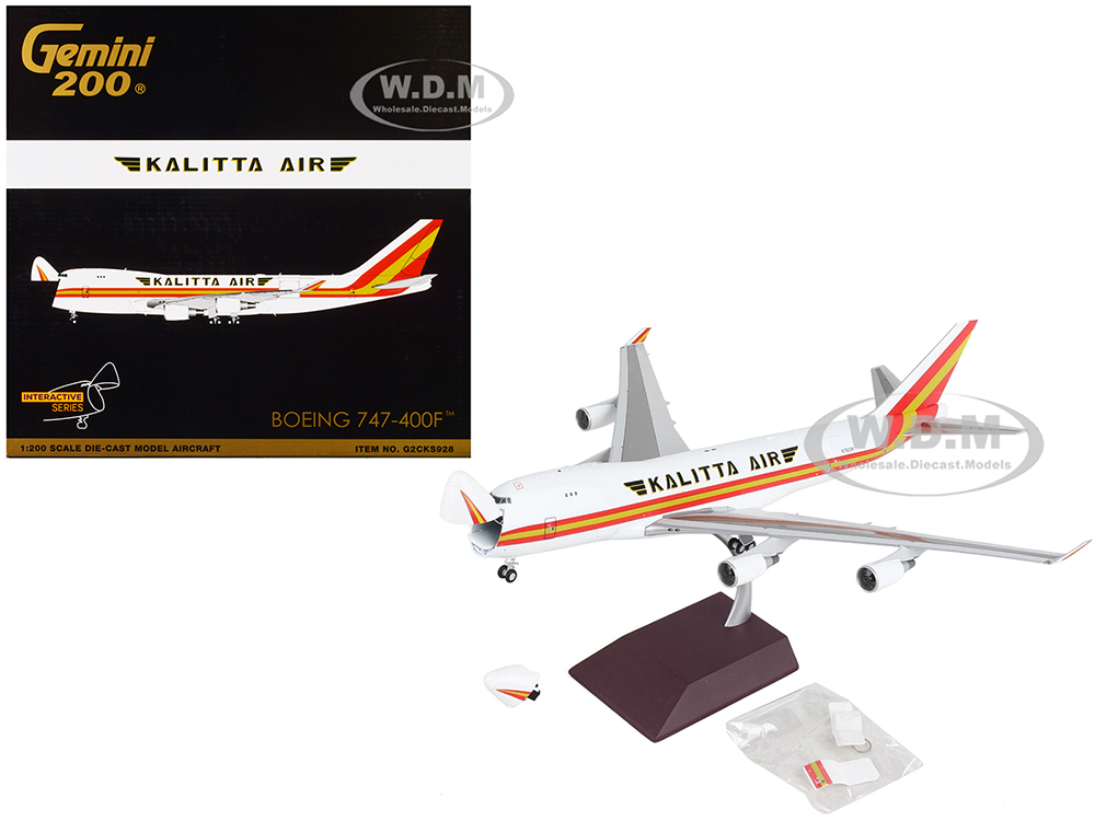 Boeing 747-400F Commercial Aircraft Kalitta Air White with Stripes Gemini 200 - Interactive Series 1/200 Diecast Model Airplane by GeminiJets