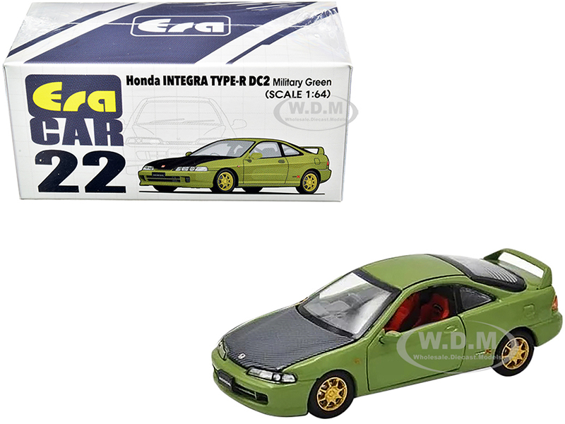 Honda Integra Type-R DC2 Military Green with Carbon Hood and Gold Wheels 1/64 Diecast Model Car by Era Car