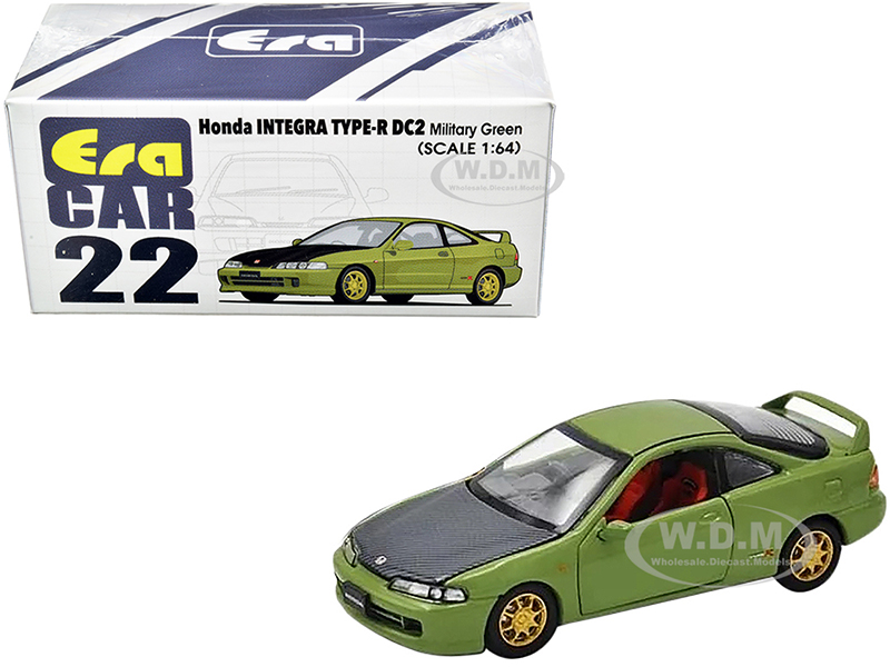 Image of Honda Integra Type-R DC2 Military Green with Carbon Hood and Gold Wheels 1/64 Diecast Model Car by Era Car