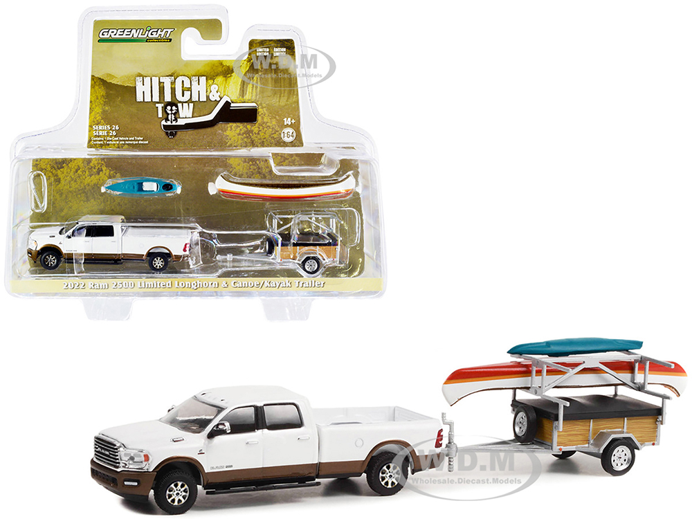 2022 Ram 2500 Limited Longhorn Pickup Truck Bright White and Walnut Brown and Canoe Trailer with Canoe Rack Canoe and Kayak Hitch & Tow Series 26 1/64 Diecast Model Car by Greenlight