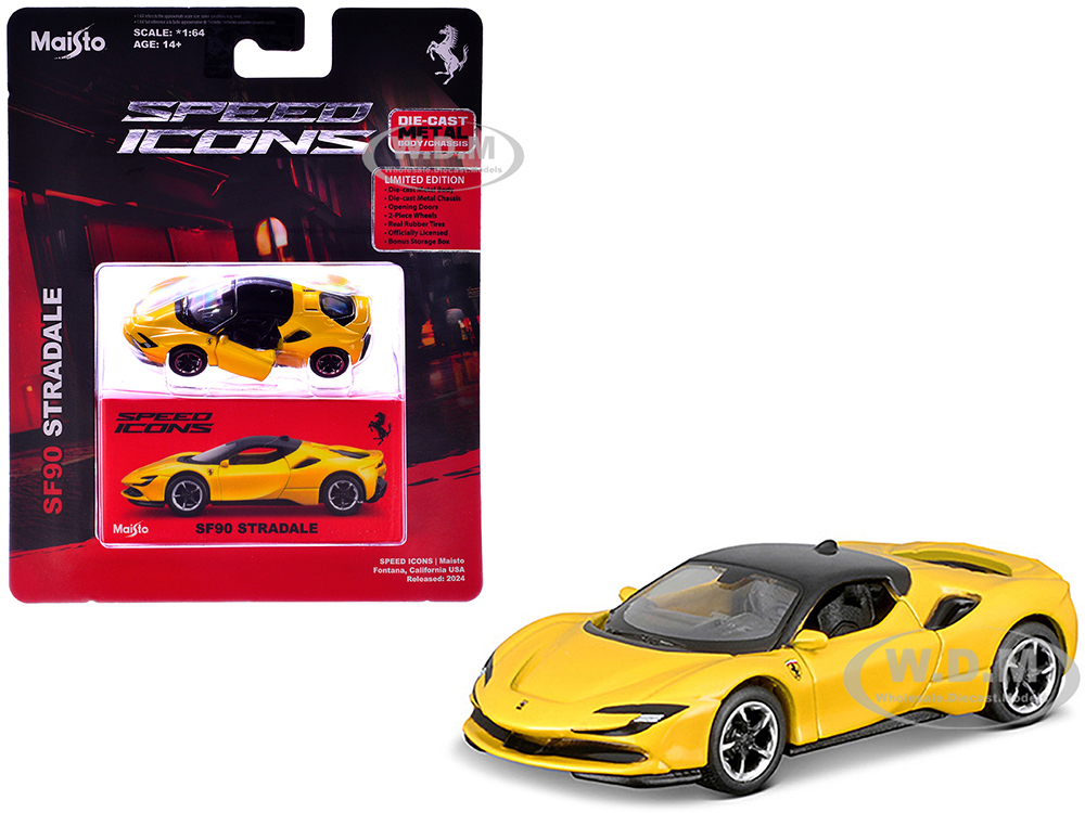 Ferrari SF90 Stradale Yellow with Black Top Speed Icons Series 1/64 Diecast Model Car by Maisto