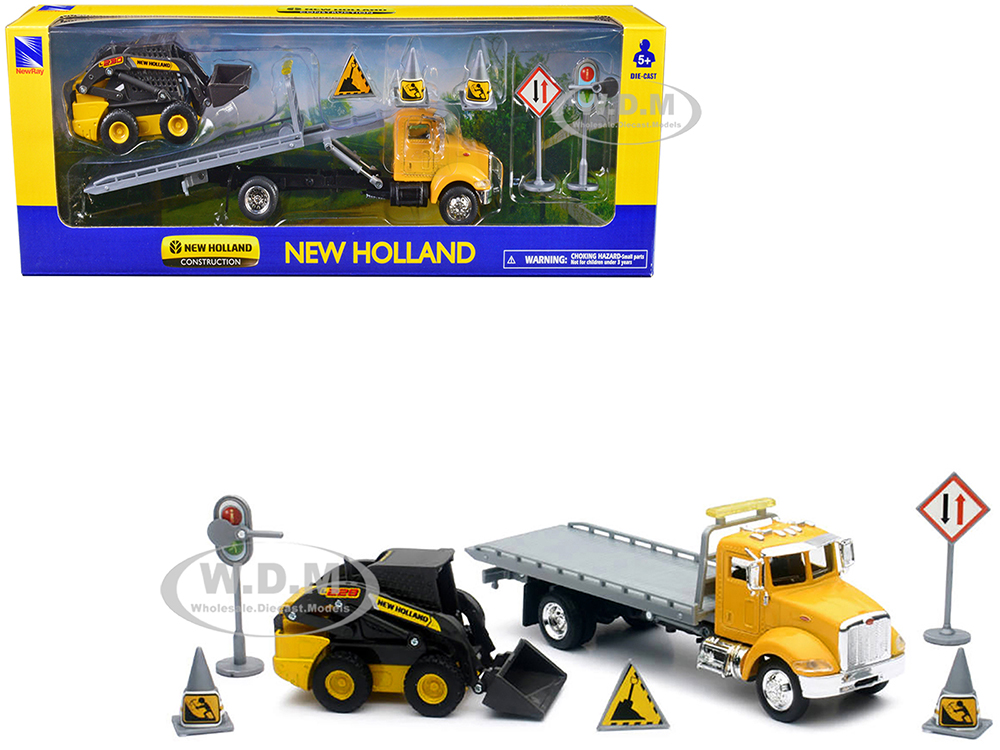 Peterbilt Roll-Off Flatbed Truck Yellow and New Holland L228 Skid Steer Yellow with Road Signs "New Holland Construction" Series 1/43 Diecast Model b